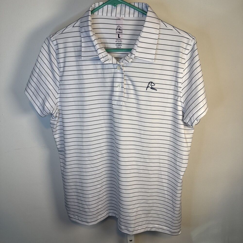 Rhoback Woman's Large White & Navy Striped Golf Polo Performance Light weight